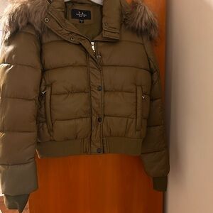 Olive Green Puffer Jacket with Faux Fur Hood